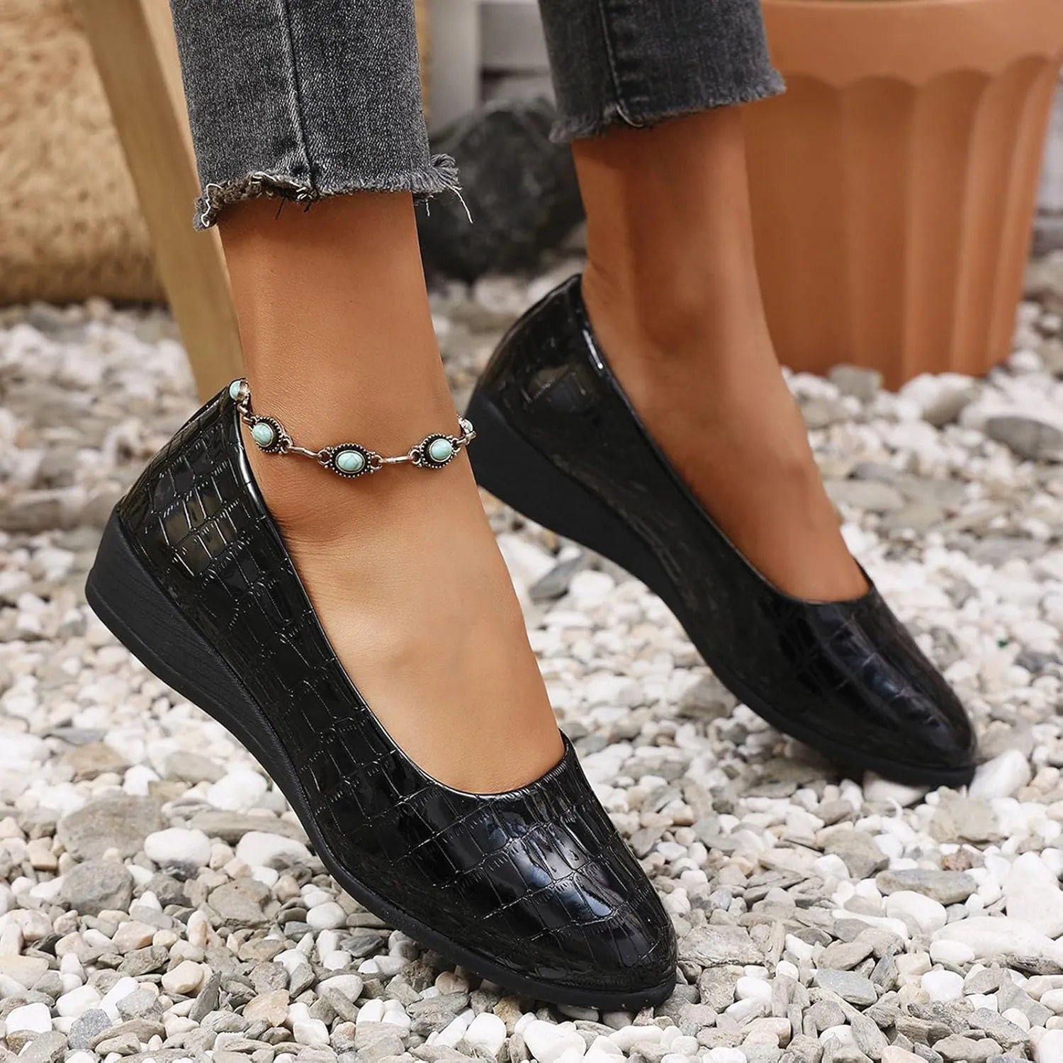 Women's Leather Closed Toe 2 Inch Mid Wedges Heels with Arch Support Round Toe Comfortable Dress for Sneaker Casual Shoe