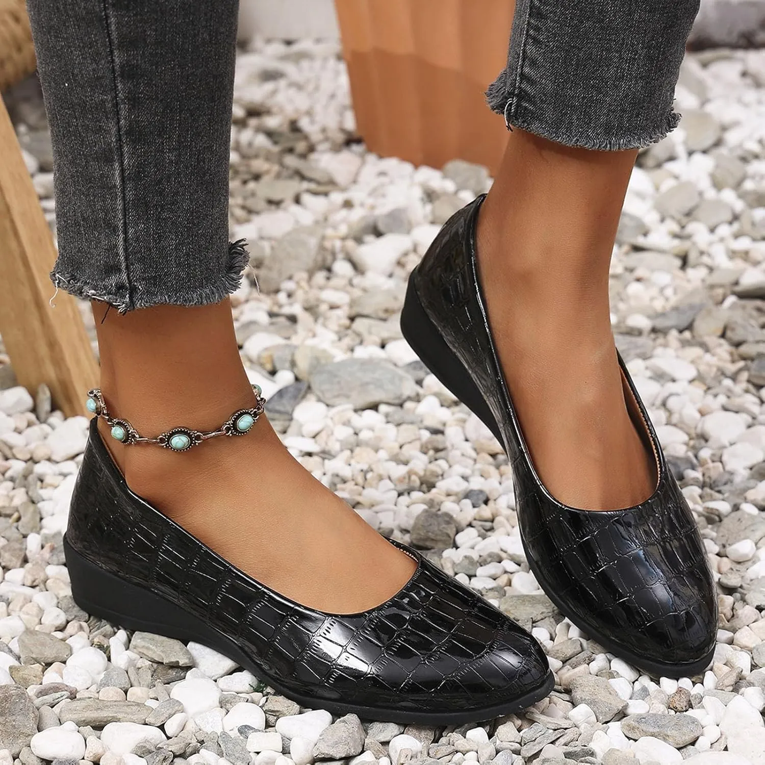 Women's Leather Closed Toe 2 Inch Mid Wedges Heels with Arch Support Round Toe Comfortable Dress for Sneaker Casual Shoe