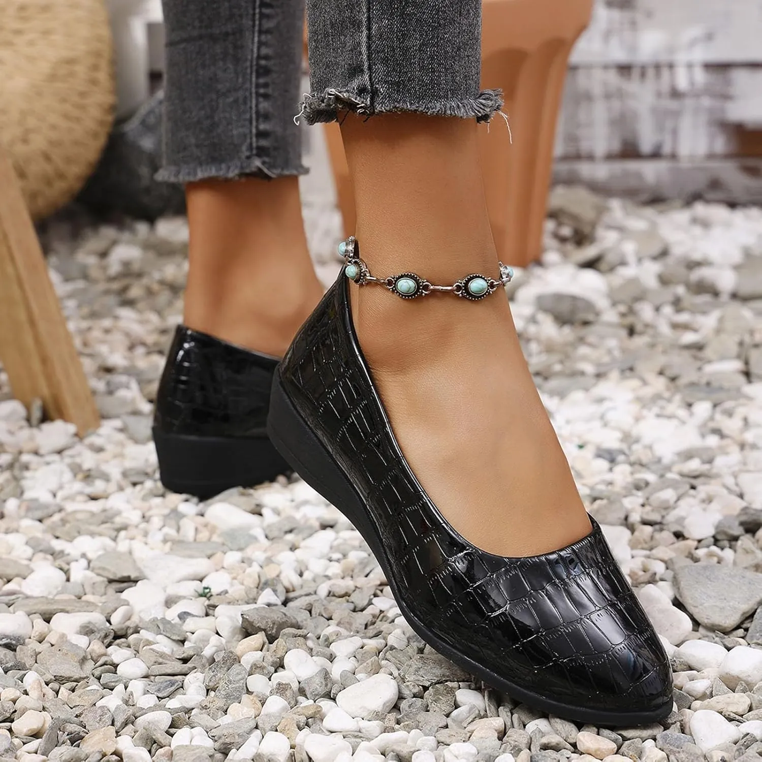 Women's Leather Closed Toe 2 Inch Mid Wedges Heels with Arch Support Round Toe Comfortable Dress for Sneaker Casual Shoe