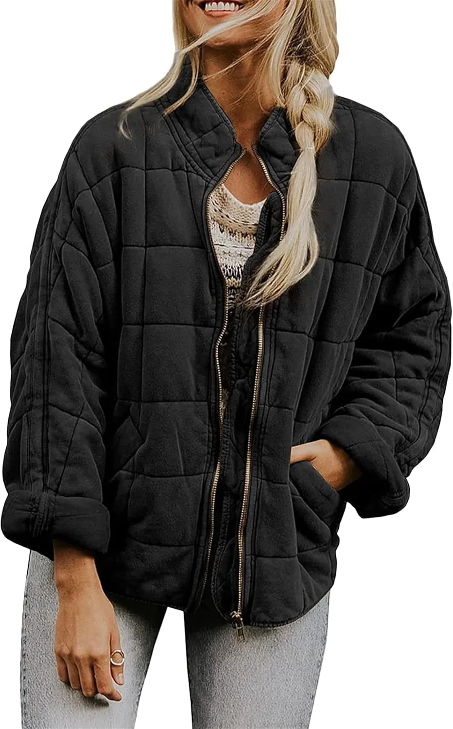 Women's Lightweight Long Sleeve Jacket Quilted Zip Up Down Coat With Pockets Warm Winter Baggy Down Coat