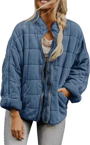 Women's Lightweight Long Sleeve Jacket Quilted Zip Up Down Coat With Pockets Warm Winter Baggy Down Coat