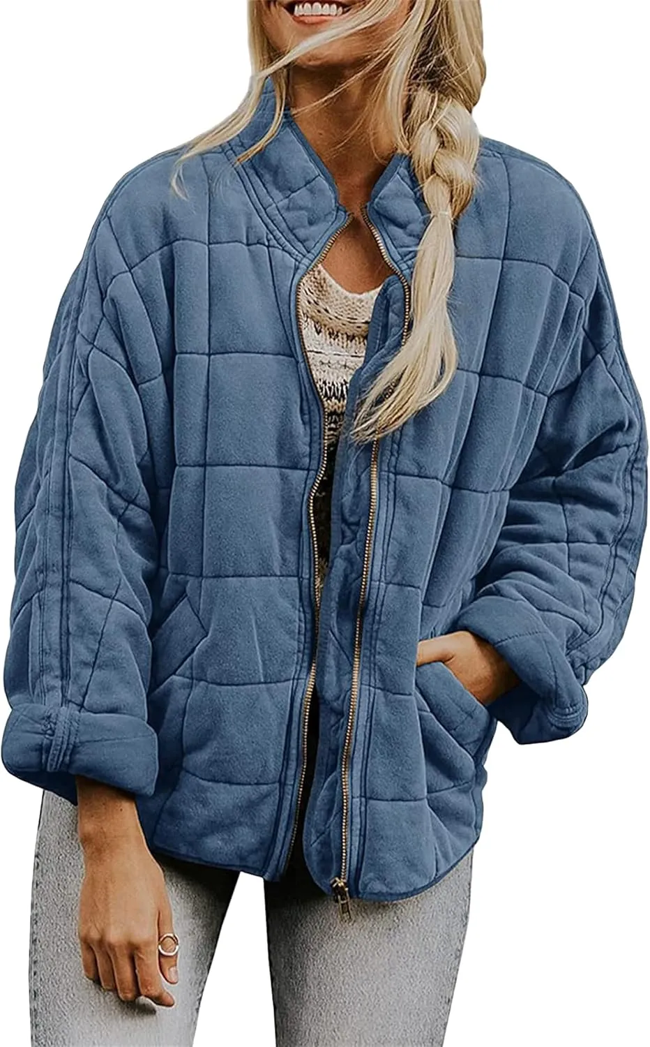 Women's Lightweight Long Sleeve Jacket Quilted Zip Up Down Coat With Pockets Warm Winter Baggy Down Coat