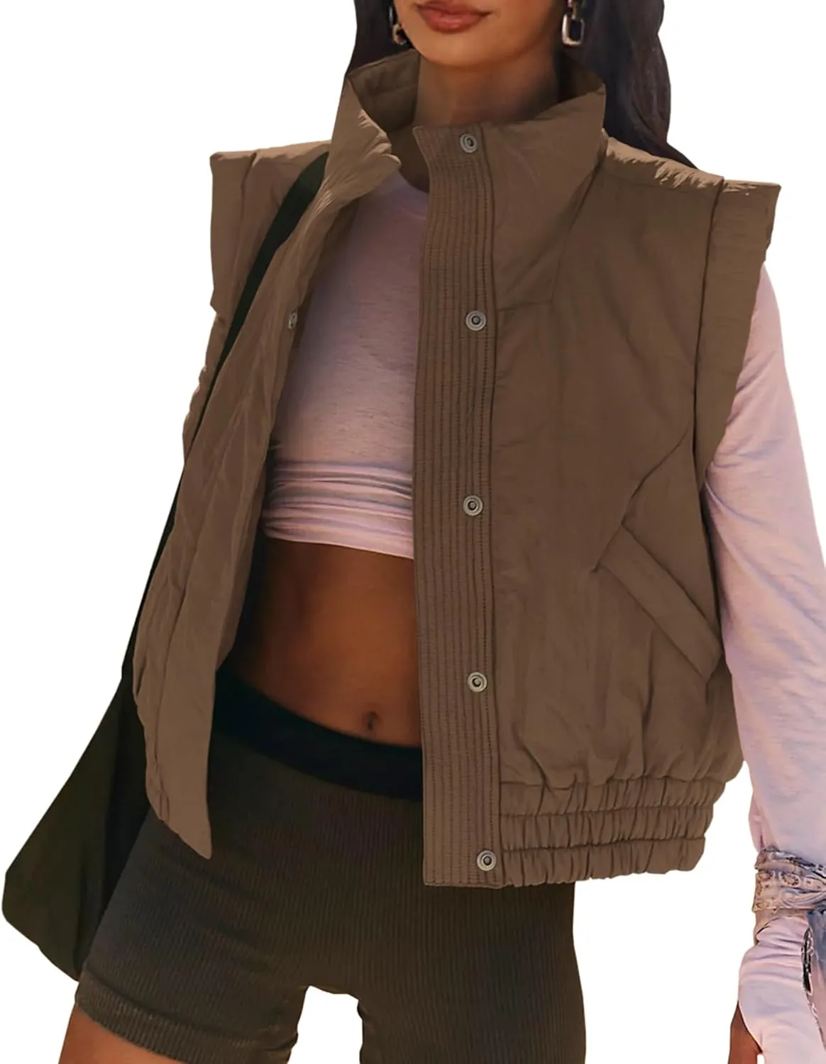 Women's Lightweight Puffer Vest Button Down Crop Qulited Vest Coat Stand Collar Sleeveless Padded Gilet With Pockets