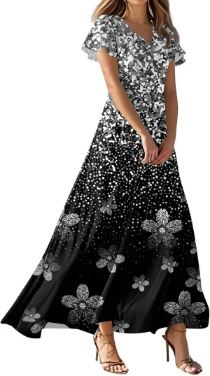 Women's Long Maxi Dresses Short Sleeve V-Neck Boho Floral Printed Swing Dress Cocktail Party Dresses