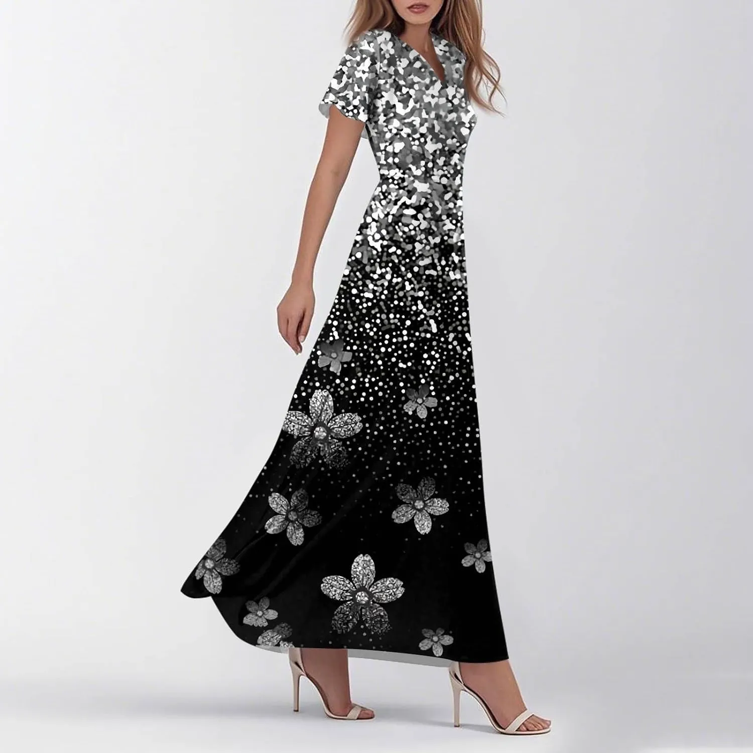 Women's Long Maxi Dresses Short Sleeve V-Neck Boho Floral Printed Swing Dress Cocktail Party Dresses