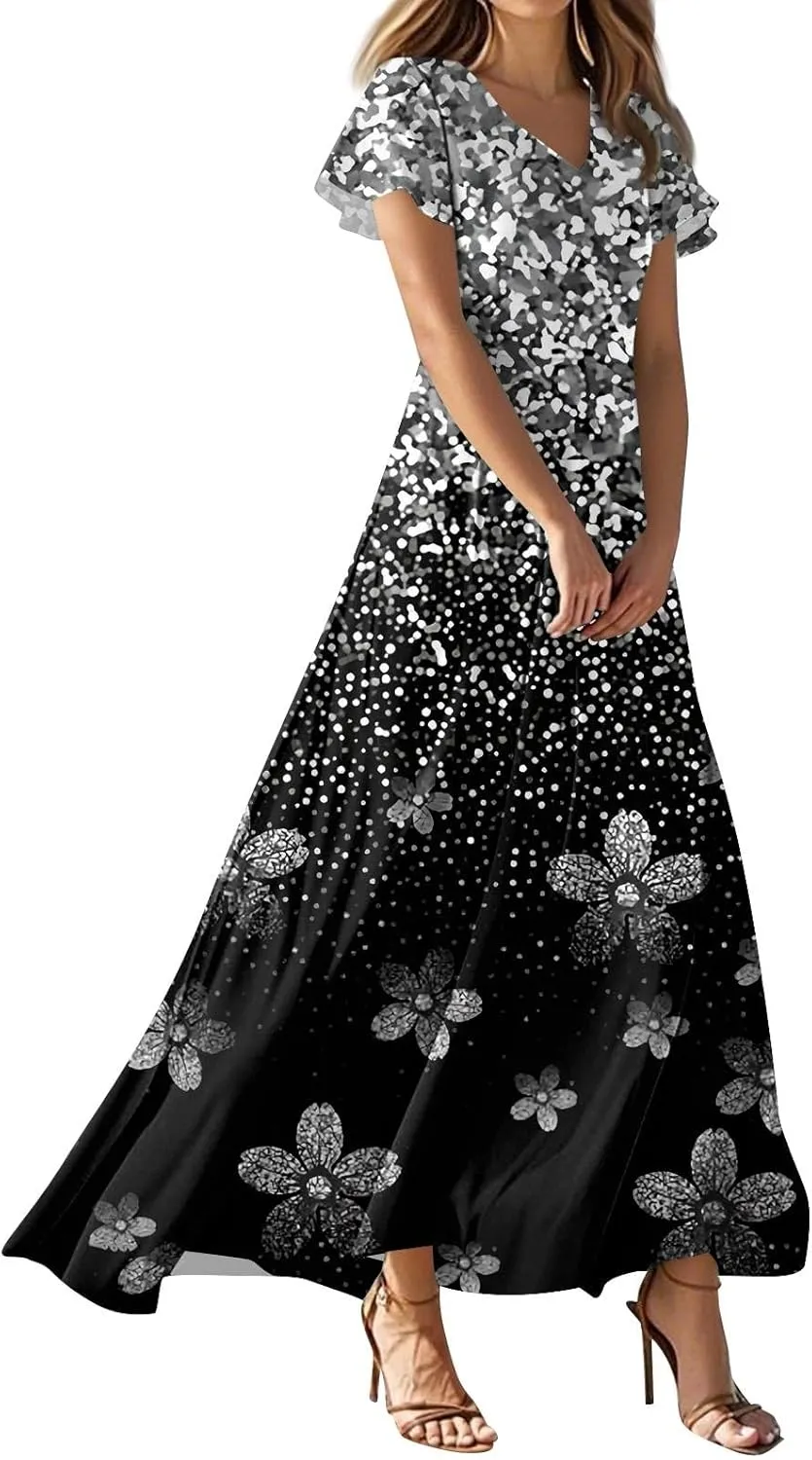 Women's Long Maxi Dresses Short Sleeve V-Neck Boho Floral Printed Swing Dress Cocktail Party Dresses