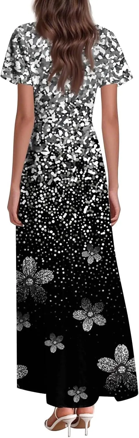 Women's Long Maxi Dresses Short Sleeve V-Neck Boho Floral Printed Swing Dress Cocktail Party Dresses