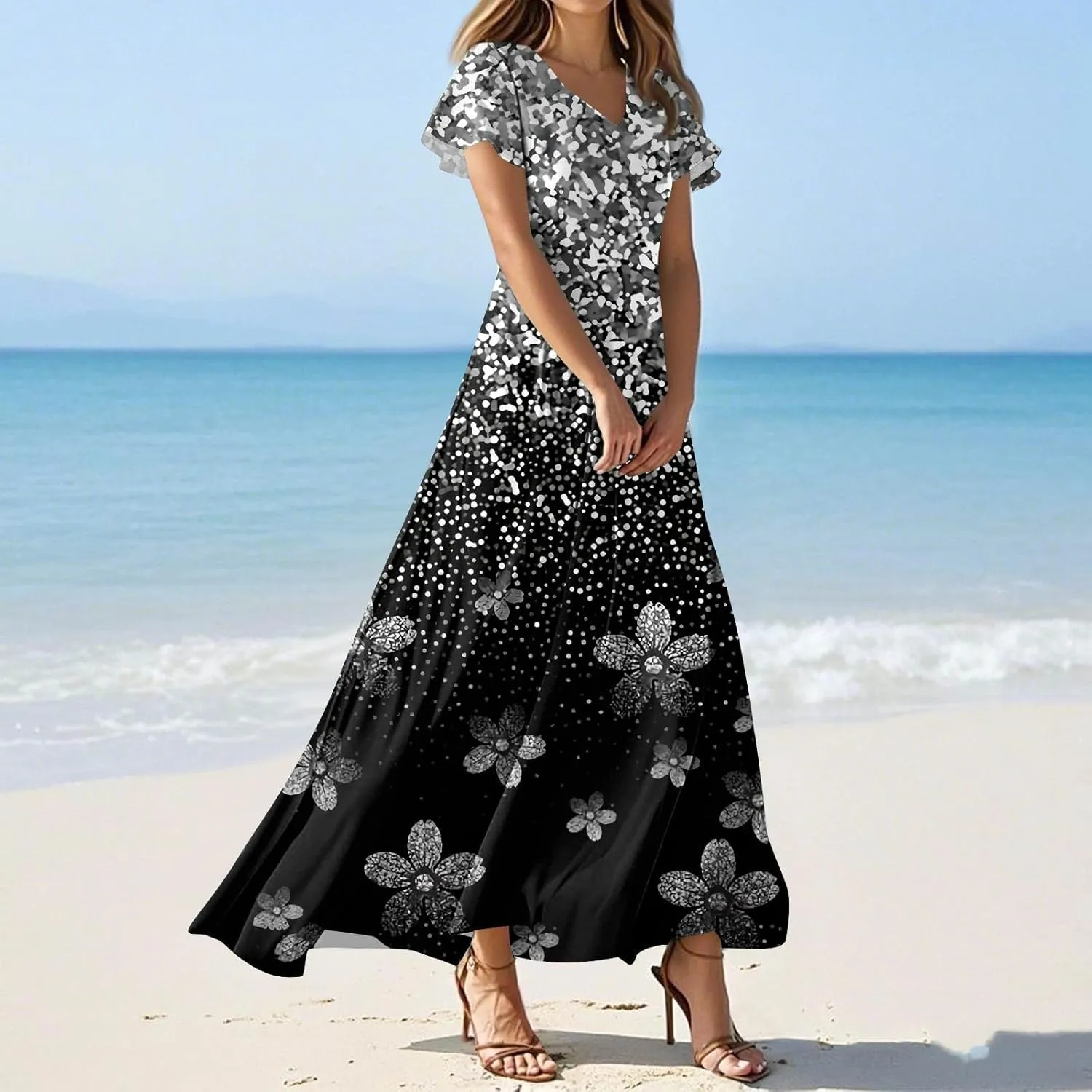 Women's Long Maxi Dresses Short Sleeve V-Neck Boho Floral Printed Swing Dress Cocktail Party Dresses