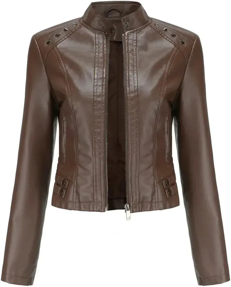 Women's Moto Biker Zipper Jacket Faux Leather Winter Coat Short Rivet Women's Clothing