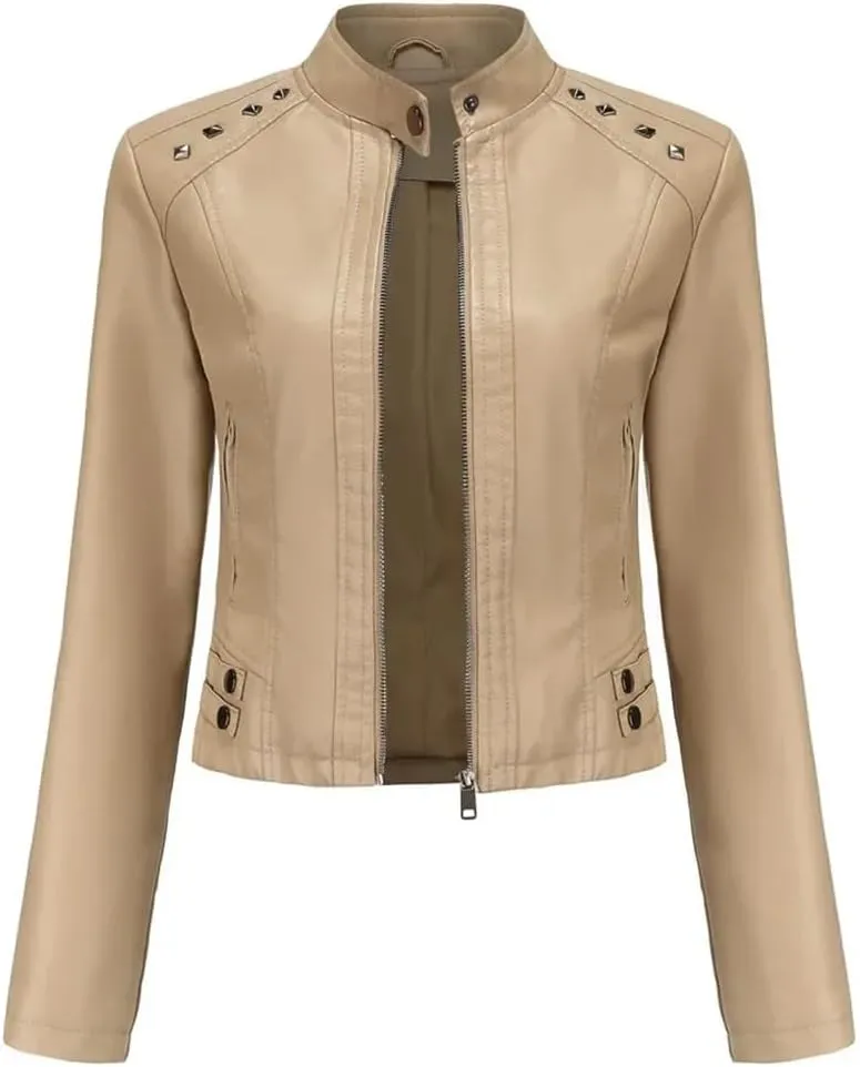 Women's Moto Biker Zipper Jacket Faux Leather Winter Coat Short Rivet Women's Clothing