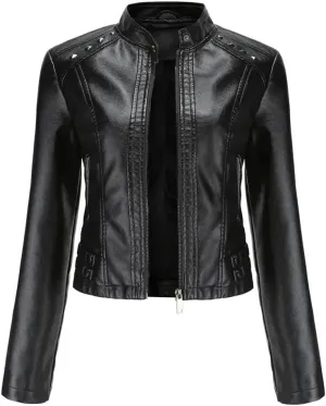 Women's Moto Biker Zipper Jacket Faux Leather Winter Coat Short Rivet Women's Clothing