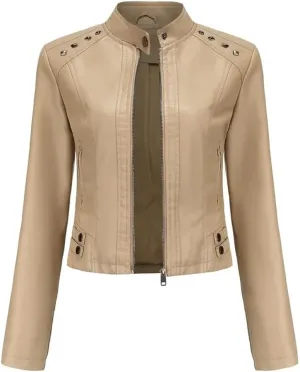 Women's Moto Biker Zipper Jacket Faux Leather Winter Coat Short Rivet Women's Clothing