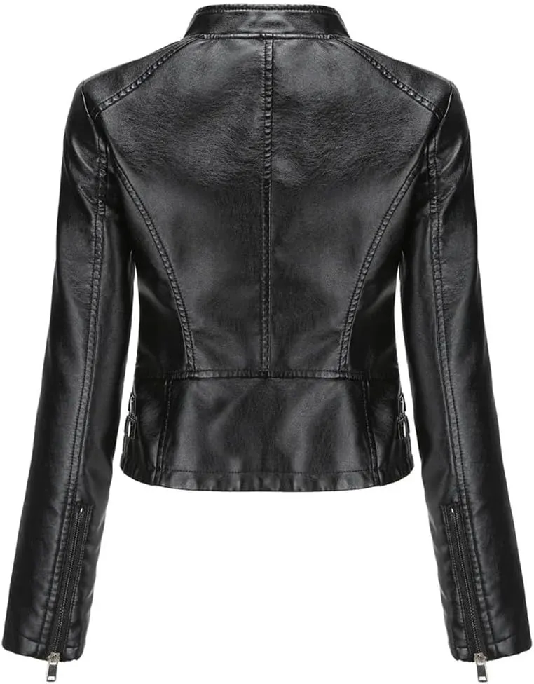 Women's Moto Biker Zipper Jacket Faux Leather Winter Coat Short Rivet Women's Clothing