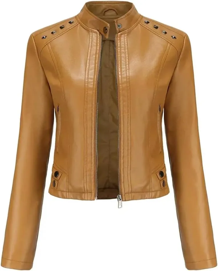 Women's Moto Biker Zipper Jacket Faux Leather Winter Coat Short Rivet Women's Clothing
