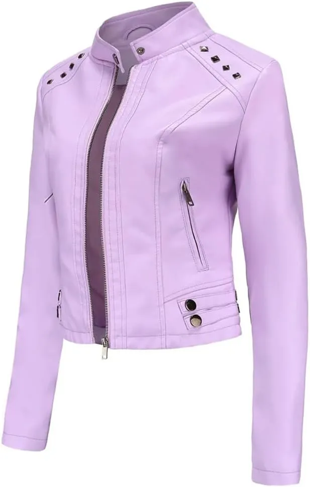 Women's Moto Biker Zipper Jacket Faux Leather Winter Coat Short Rivet Women's Clothing