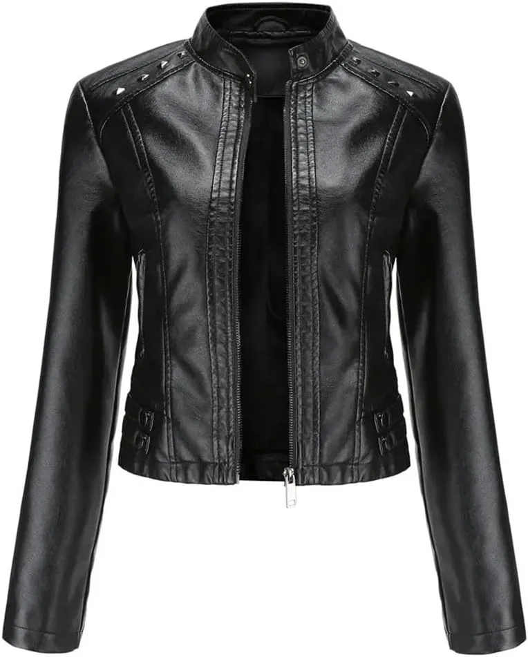 Women's Moto Biker Zipper Jacket Faux Leather Winter Coat Short Rivet Women's Clothing