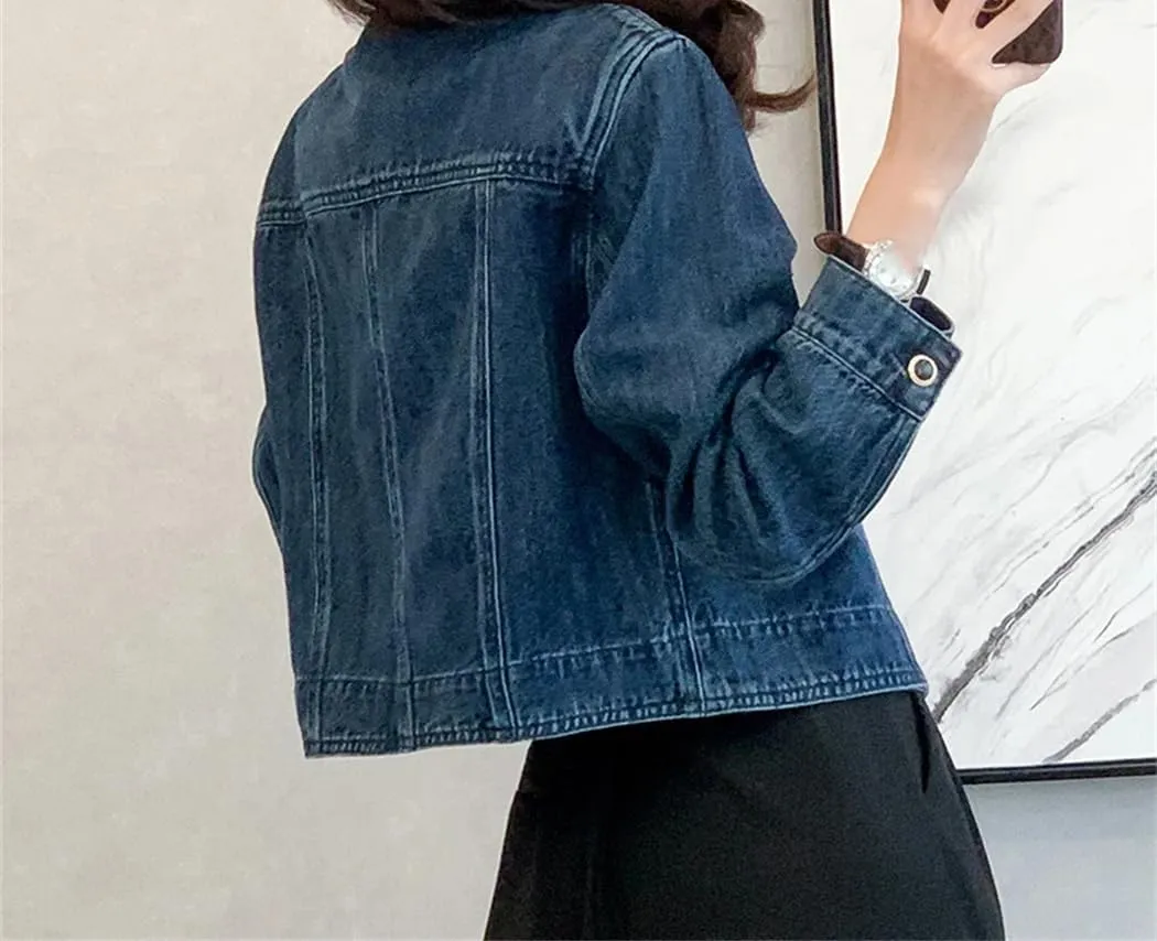 Women's O-Neck Cropped Denim Jacket Long Sleeve Basic Single-Breasted Crop Casual Jean Jacket