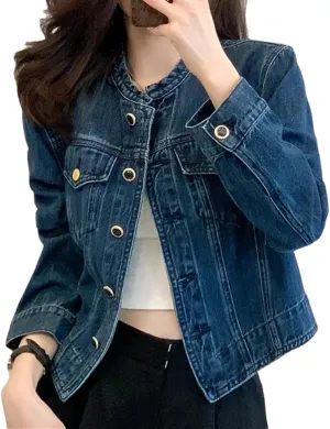 Women's O-Neck Cropped Denim Jacket Long Sleeve Basic Single-Breasted Crop Casual Jean Jacket