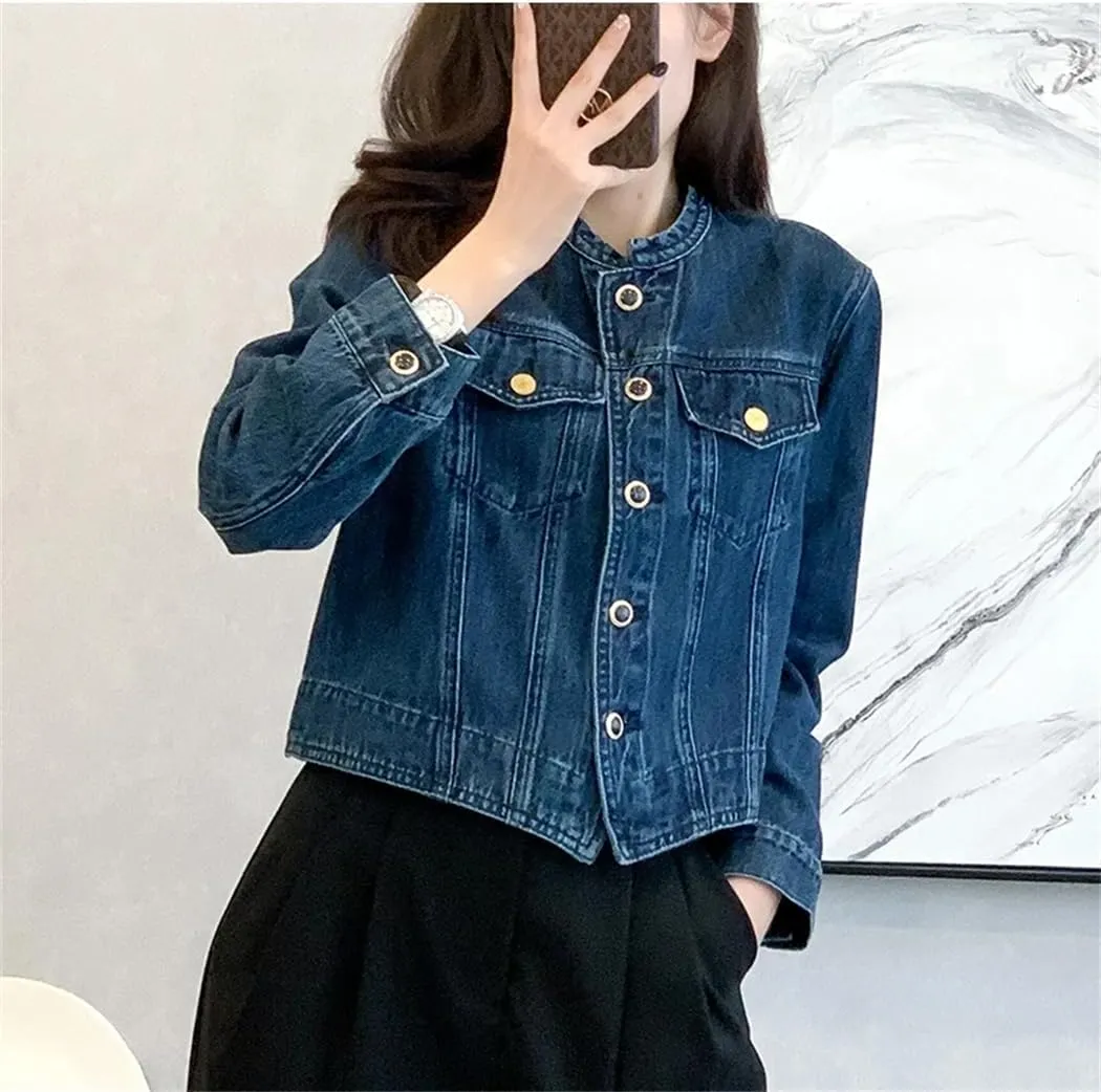 Women's O-Neck Cropped Denim Jacket Long Sleeve Basic Single-Breasted Crop Casual Jean Jacket