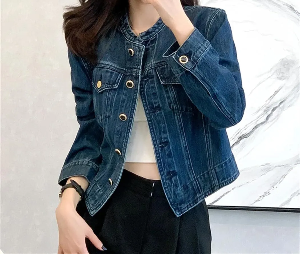 Women's O-Neck Cropped Denim Jacket Long Sleeve Basic Single-Breasted Crop Casual Jean Jacket
