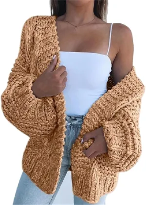 Womens Open Front Long Sleeve Chunky Knit Cardigan Sweaters Loose Outwear Coat