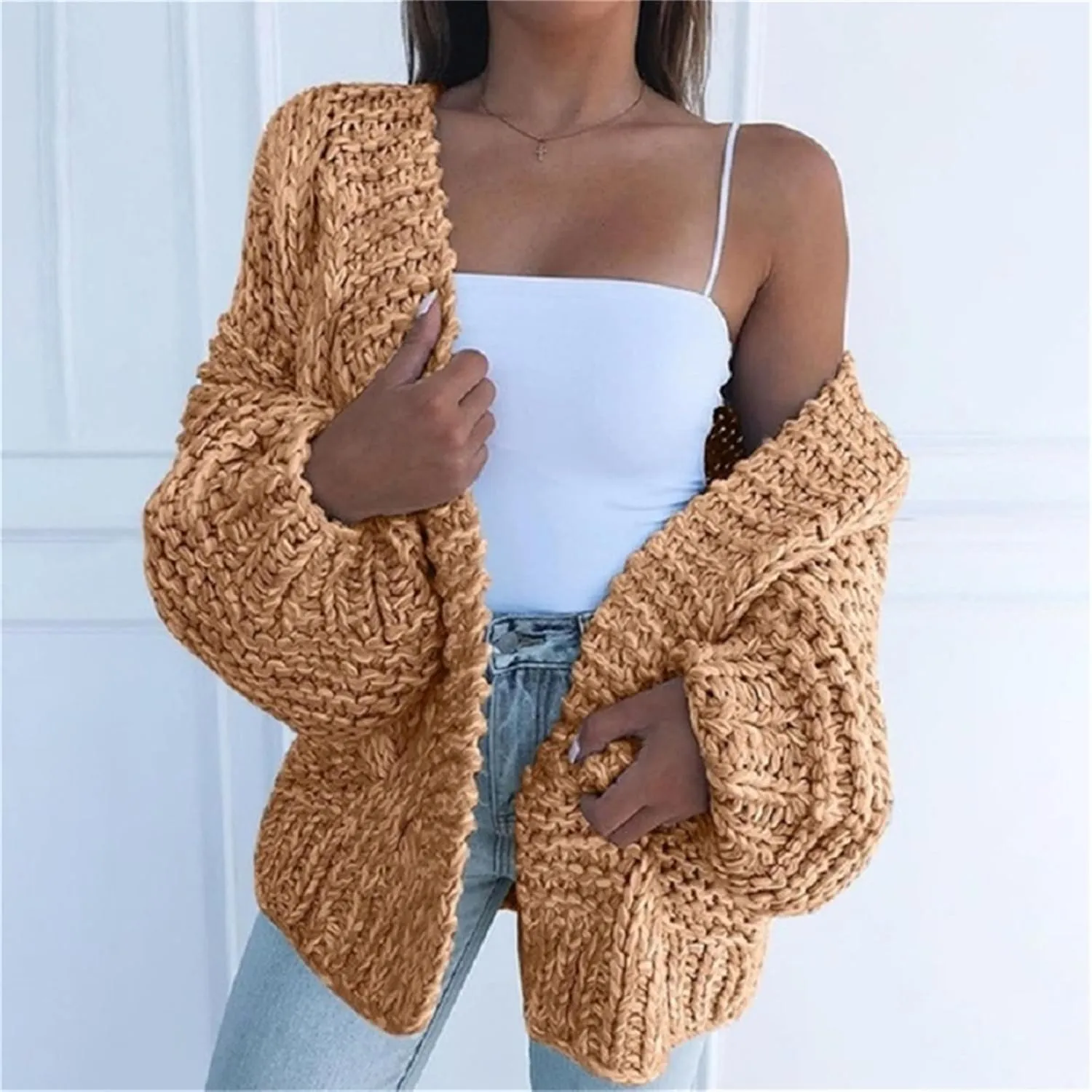 Womens Open Front Long Sleeve Chunky Knit Cardigan Sweaters Loose Outwear Coat