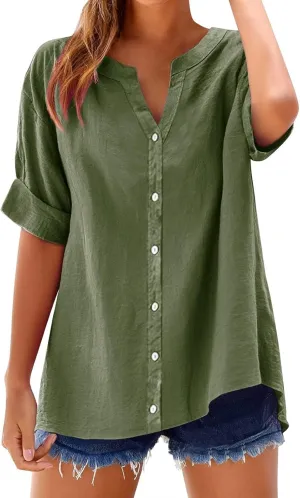 Women's Oversized Button Down Shirts Summer Cotton Linen Blouse V-Neck Short Sleeve Loose Tunic Tops Office Work Tees