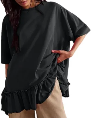 Womens Oversized Tee Shirt Casual Short Sleeve Ruffle Hem Shirts Loose Crew Neck Summer Tops