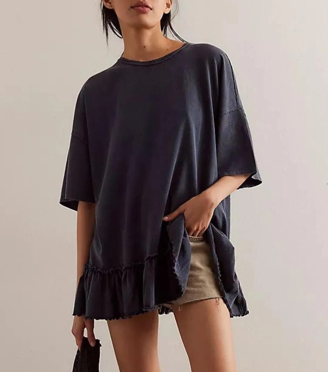 Womens Oversized Tee Shirt Casual Short Sleeve Ruffle Hem Shirts Loose Crew Neck Summer Tops