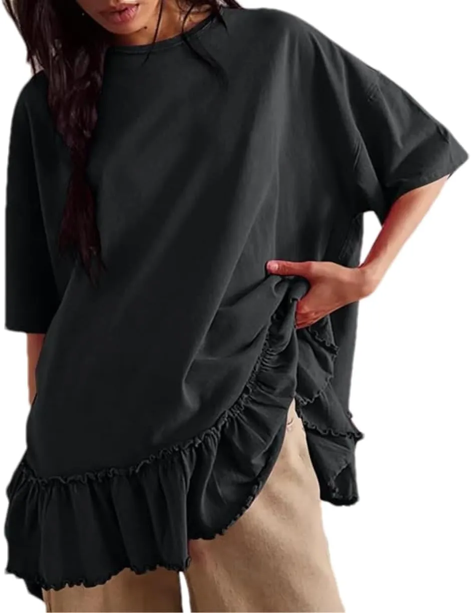 Womens Oversized Tee Shirt Casual Short Sleeve Ruffle Hem Shirts Loose Crew Neck Summer Tops