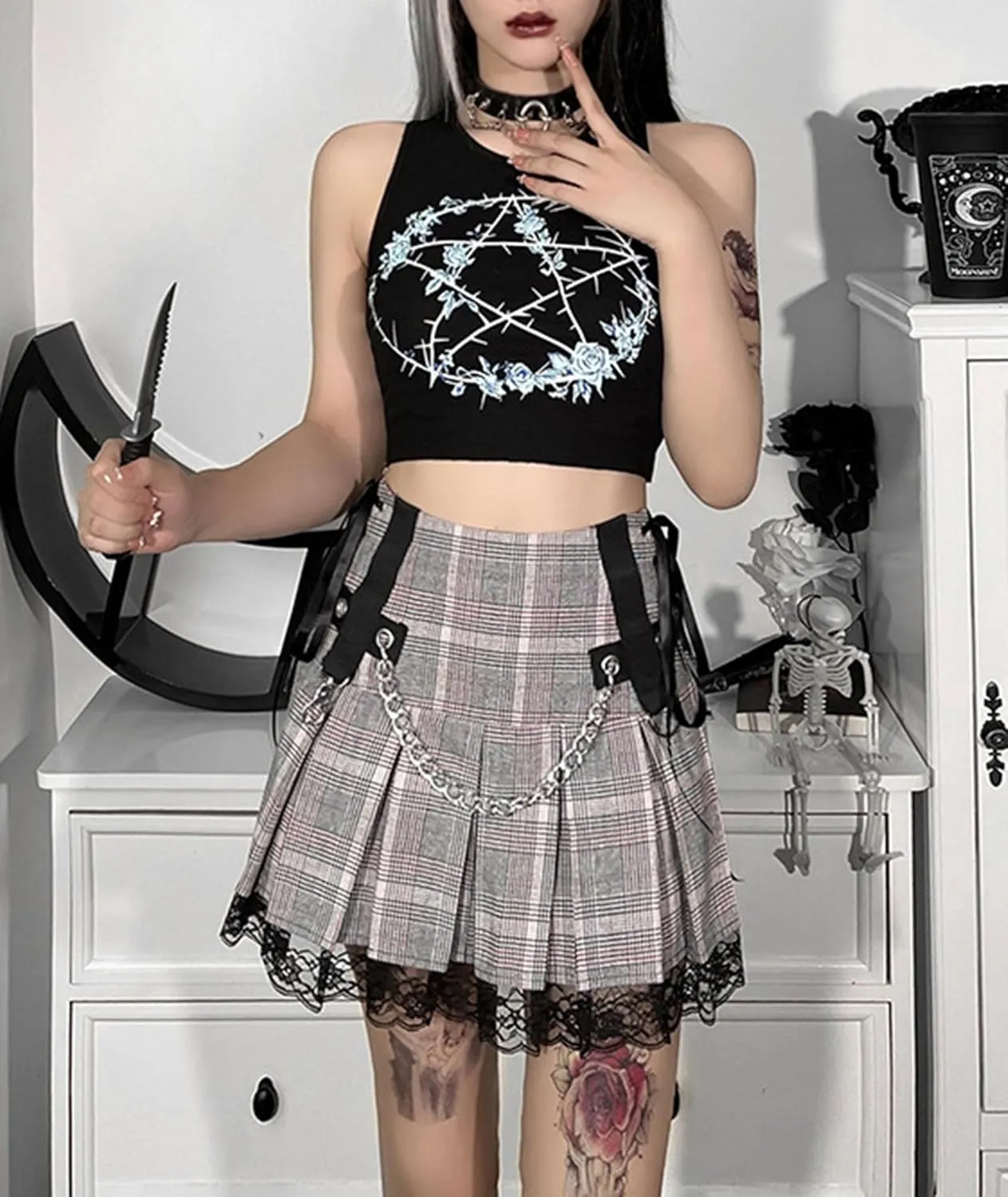 Women's Plaid Short Skirt Metal Waist Chain Pleated Uniform Mini Skirt Pink