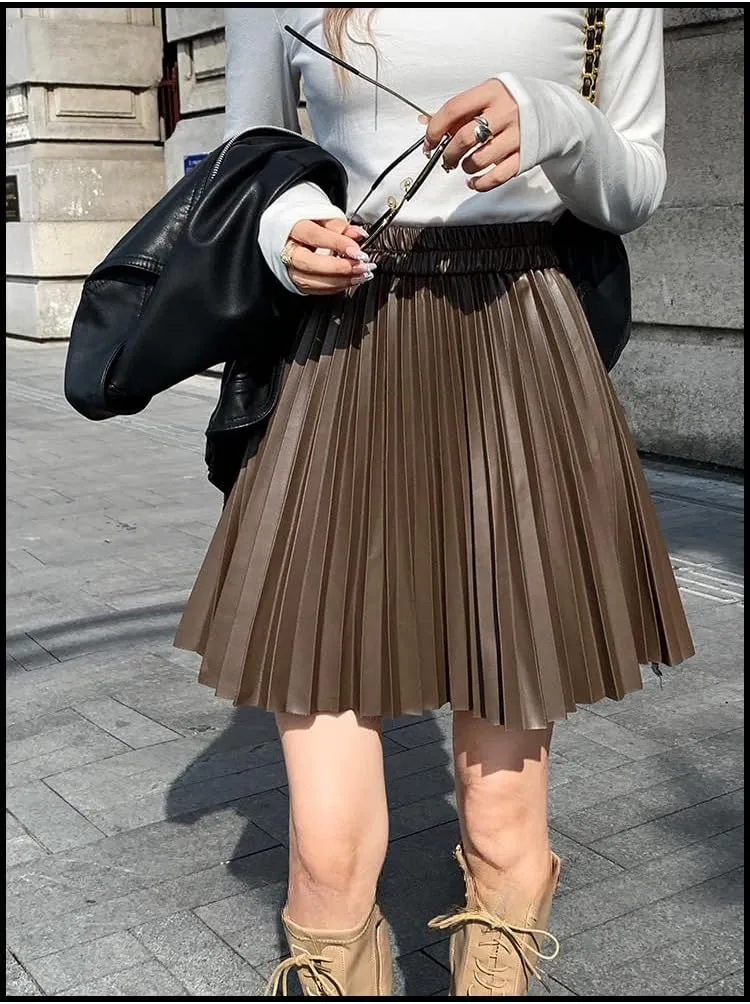 Women's PU Leather High Waist Pleated Short Skirt A-line Flare Skater Mini Skirt