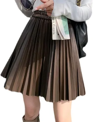 Women's PU Leather High Waist Pleated Short Skirt A-line Flare Skater Mini Skirt