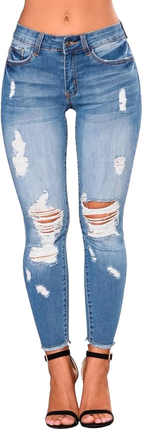 Womens Skinny Jeans High Waisted Raw Hem Ripped Jeans Stretchy Denim Pants Crop Distressed Jean Joggers with Pockets
