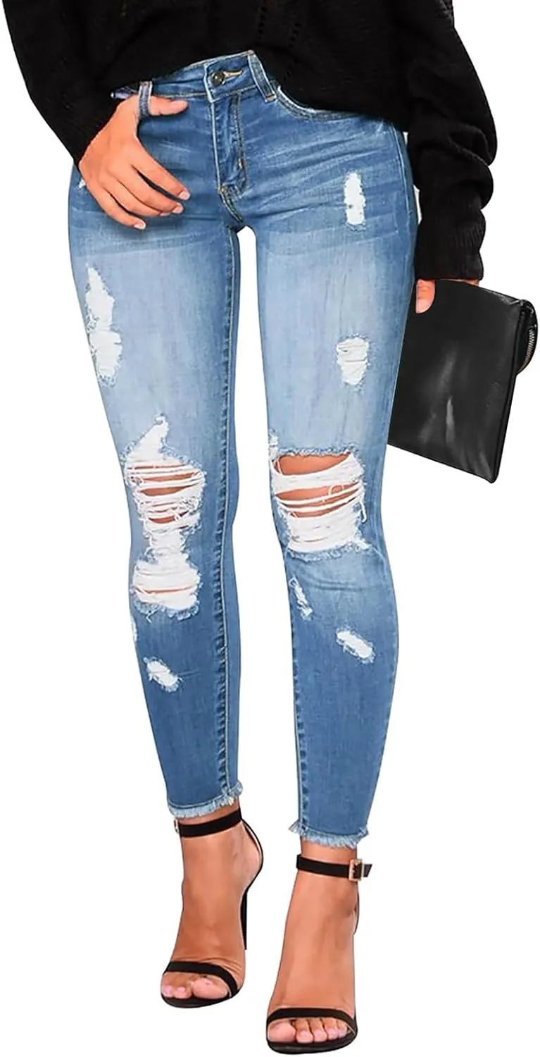 Womens Skinny Jeans High Waisted Raw Hem Ripped Jeans Stretchy Denim Pants Crop Distressed Jean Joggers with Pockets