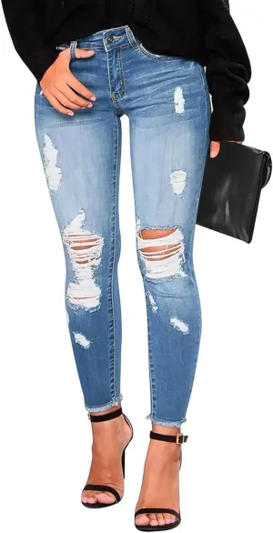 Womens Skinny Jeans High Waisted Raw Hem Ripped Jeans Stretchy Denim Pants Crop Distressed Jean Joggers with Pockets