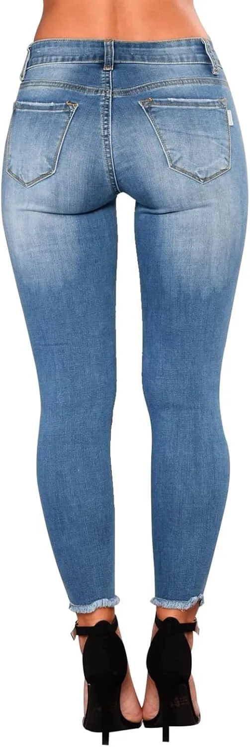 Womens Skinny Jeans High Waisted Raw Hem Ripped Jeans Stretchy Denim Pants Crop Distressed Jean Joggers with Pockets