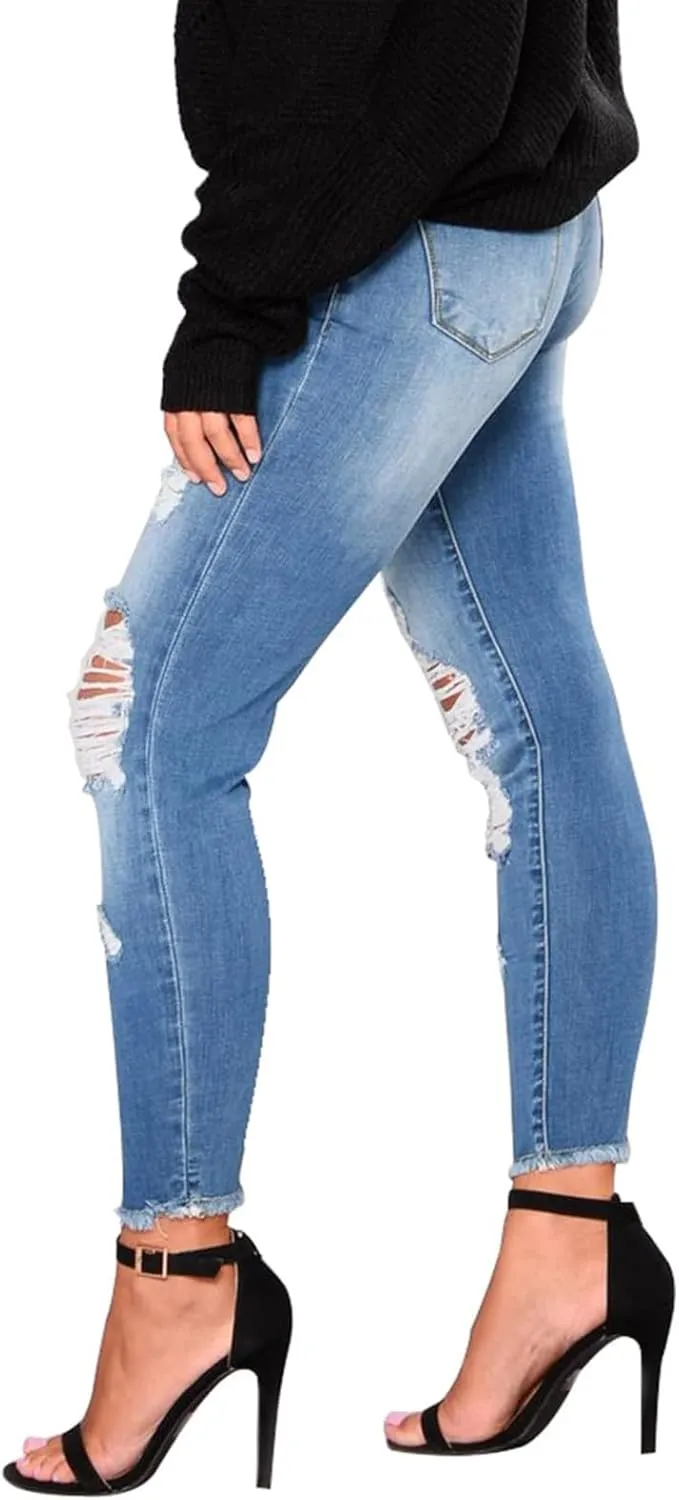 Womens Skinny Jeans High Waisted Raw Hem Ripped Jeans Stretchy Denim Pants Crop Distressed Jean Joggers with Pockets