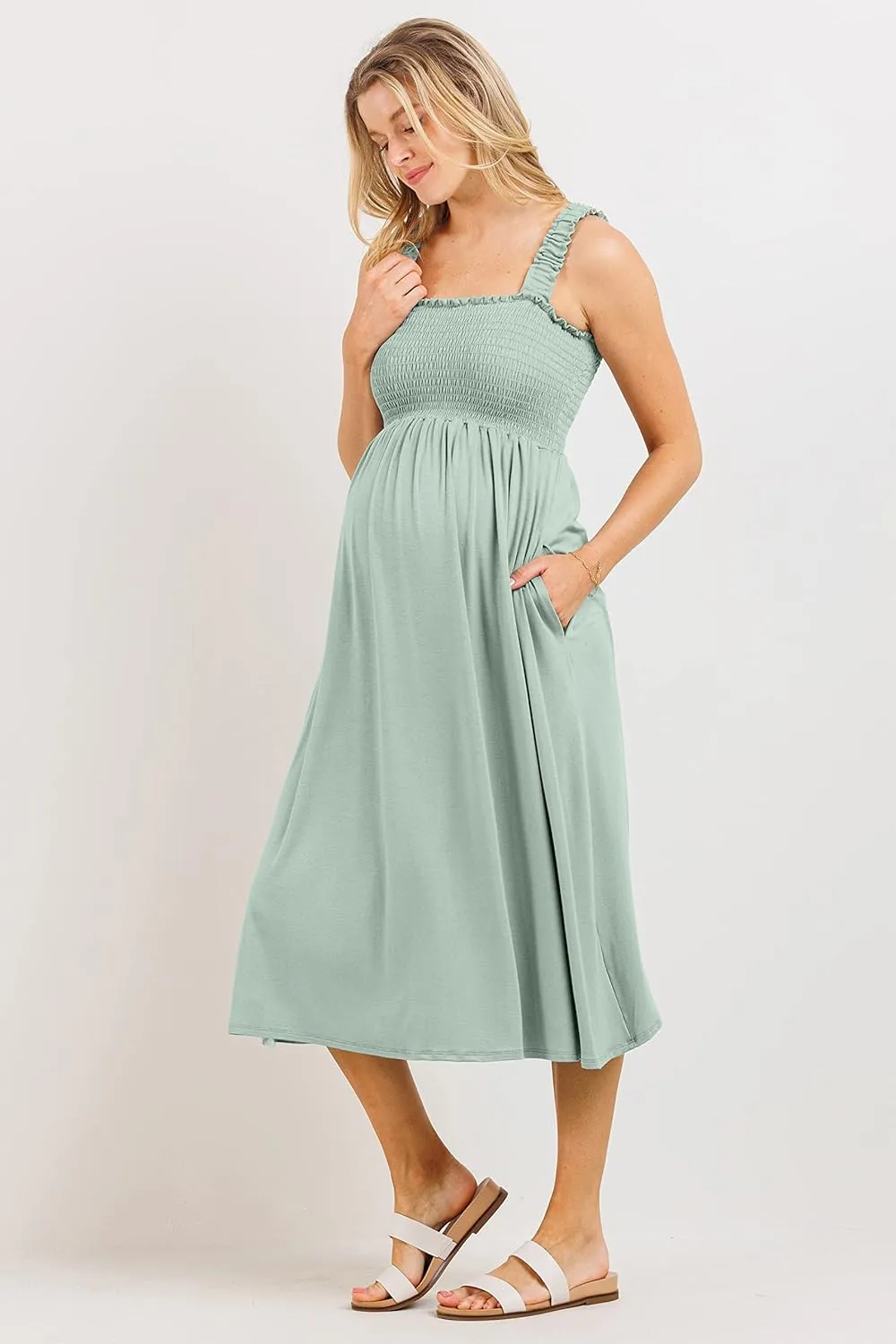 Women's Smocked Midi Maternity Dress with Pockets