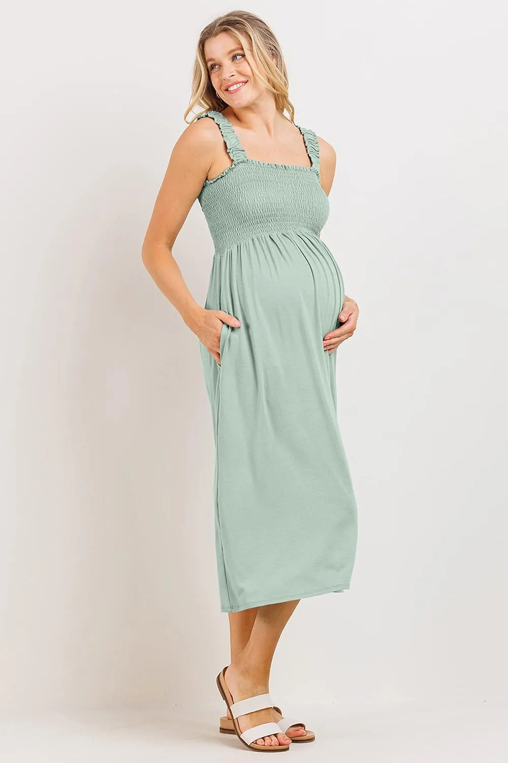 Women's Smocked Midi Maternity Dress with Pockets