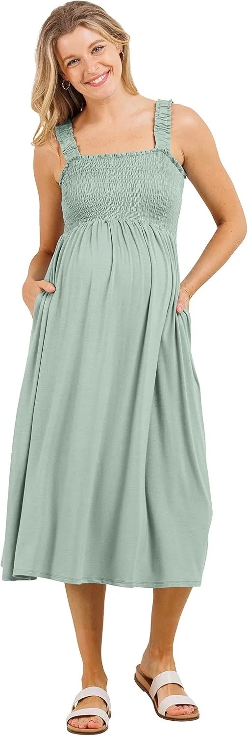 Women's Smocked Midi Maternity Dress with Pockets