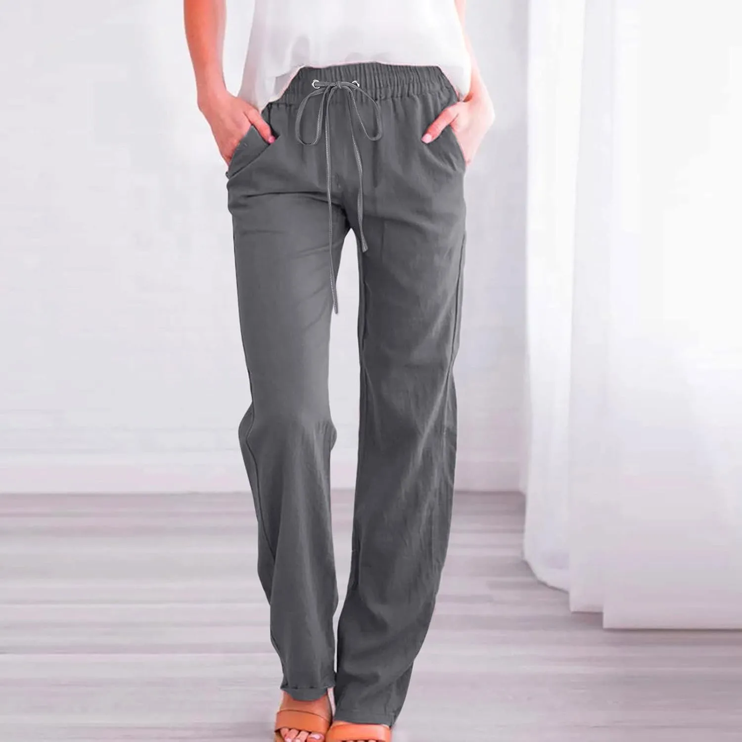 Womens Solid Color Drawstring Straight Tube Pants Cotton Linen Loose Casual Wide Leg Lounge Trousers
