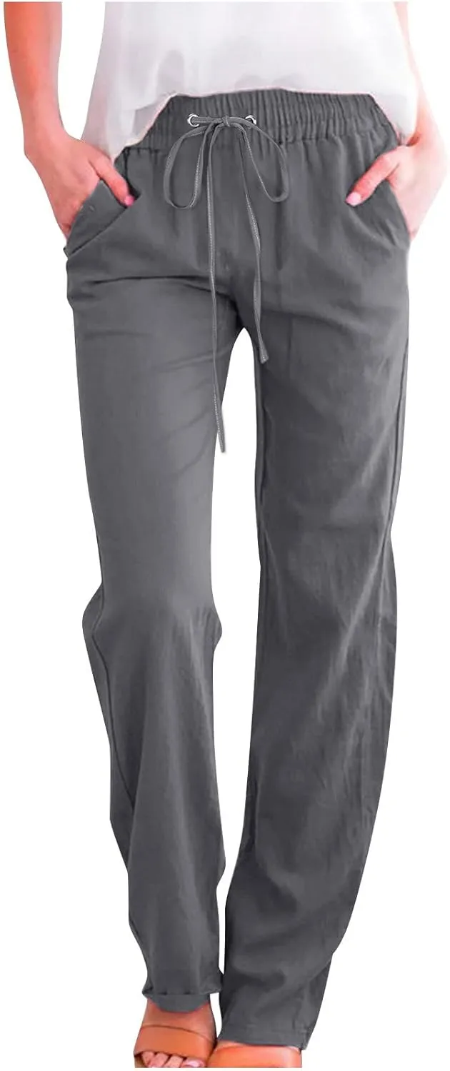 Womens Solid Color Drawstring Straight Tube Pants Cotton Linen Loose Casual Wide Leg Lounge Trousers