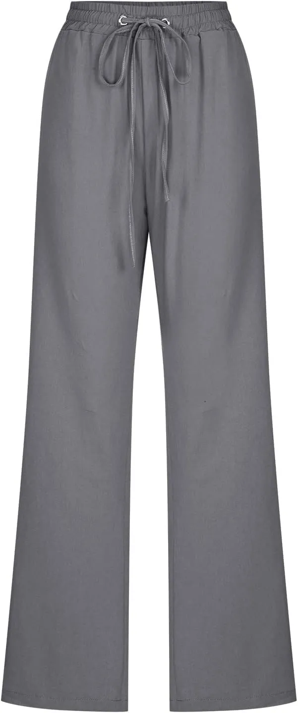 Womens Solid Color Drawstring Straight Tube Pants Cotton Linen Loose Casual Wide Leg Lounge Trousers