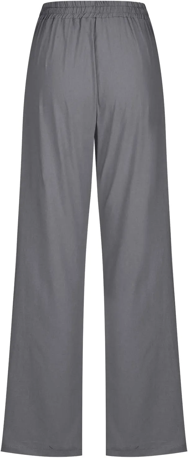 Womens Solid Color Drawstring Straight Tube Pants Cotton Linen Loose Casual Wide Leg Lounge Trousers