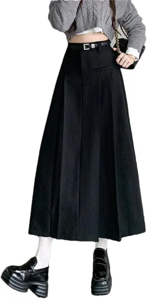 Women's Solid Pleated Casual Long High Waist Mid Length Lady Skirts
