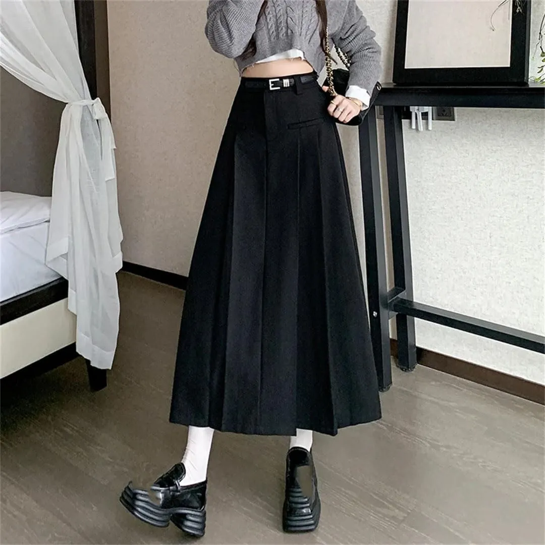 Women's Solid Pleated Casual Long High Waist Mid Length Lady Skirts