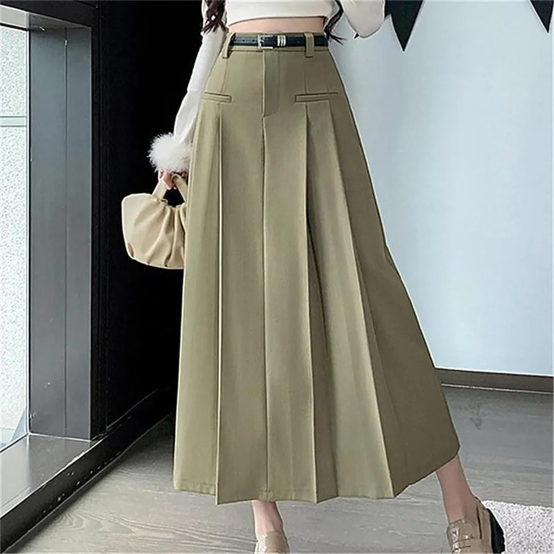 Women's Solid Pleated Casual Long High Waist Mid Length Lady Skirts