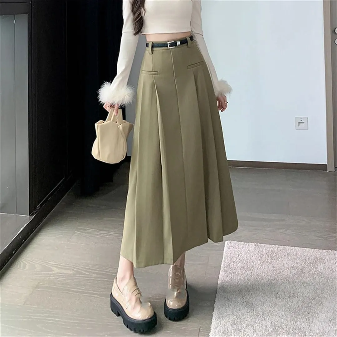 Women's Solid Pleated Casual Long High Waist Mid Length Lady Skirts