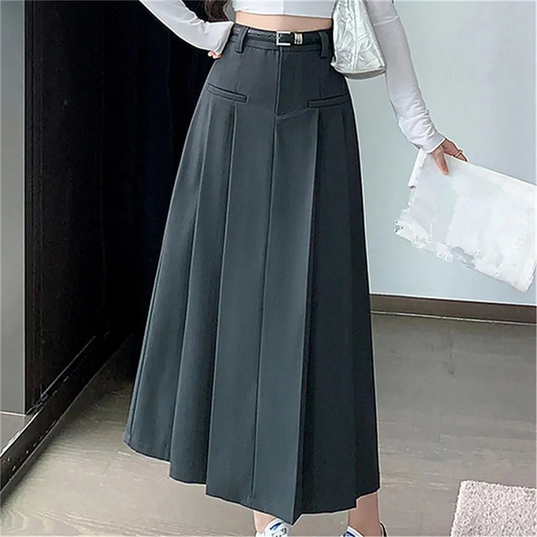 Women's Solid Pleated Casual Long High Waist Mid Length Lady Skirts